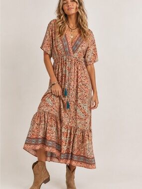 Boutique Boho Floral Maxi Dress V-Neck Tiered Border Print Tassel Pink Blue